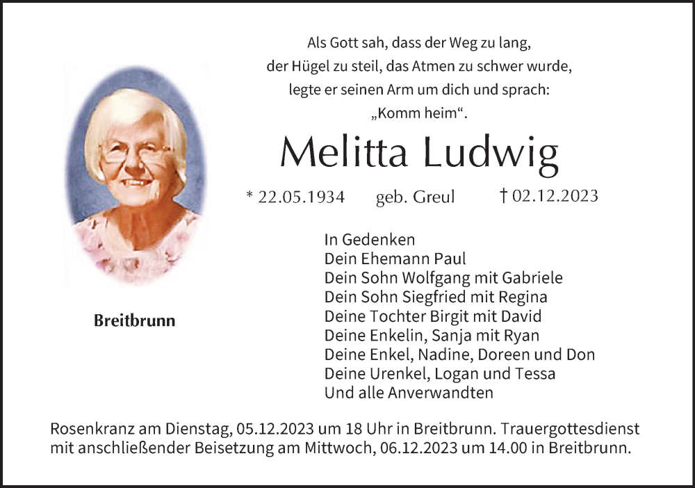  Traueranzeige für Melitta Ludwig vom 05.12.2023 aus MGO