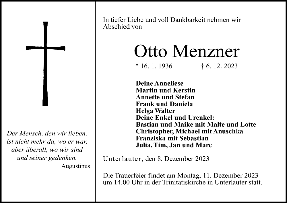  Traueranzeige für Otto Menzner vom 08.12.2023 aus MGO
