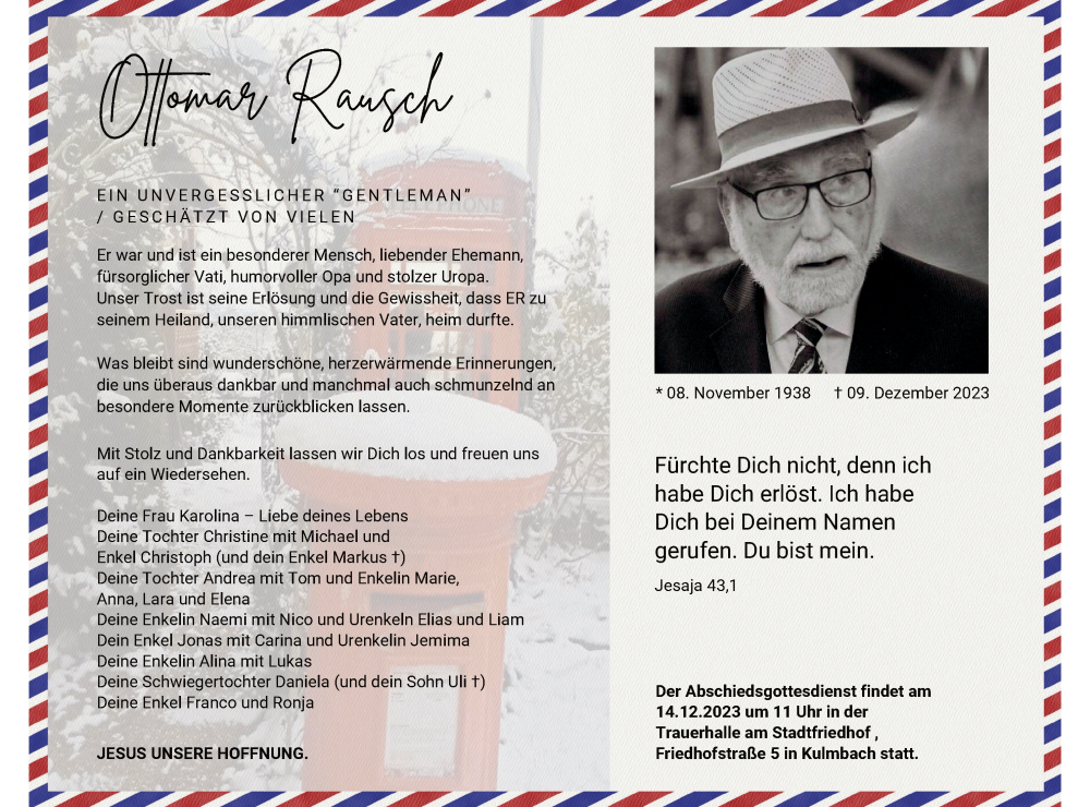  Traueranzeige für Ottomar Rausch vom 12.12.2023 aus MGO