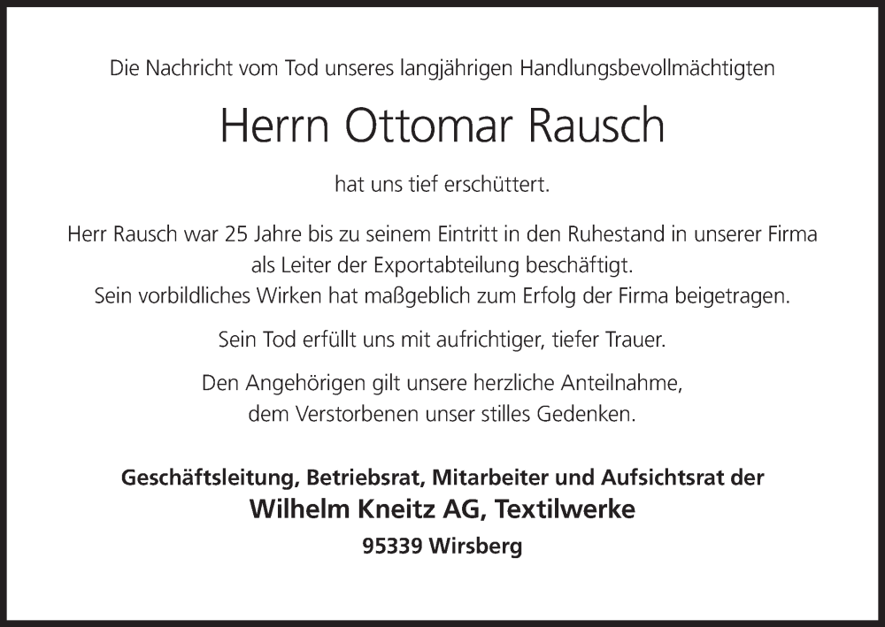  Traueranzeige für Ottomar Rausch vom 14.12.2023 aus MGO