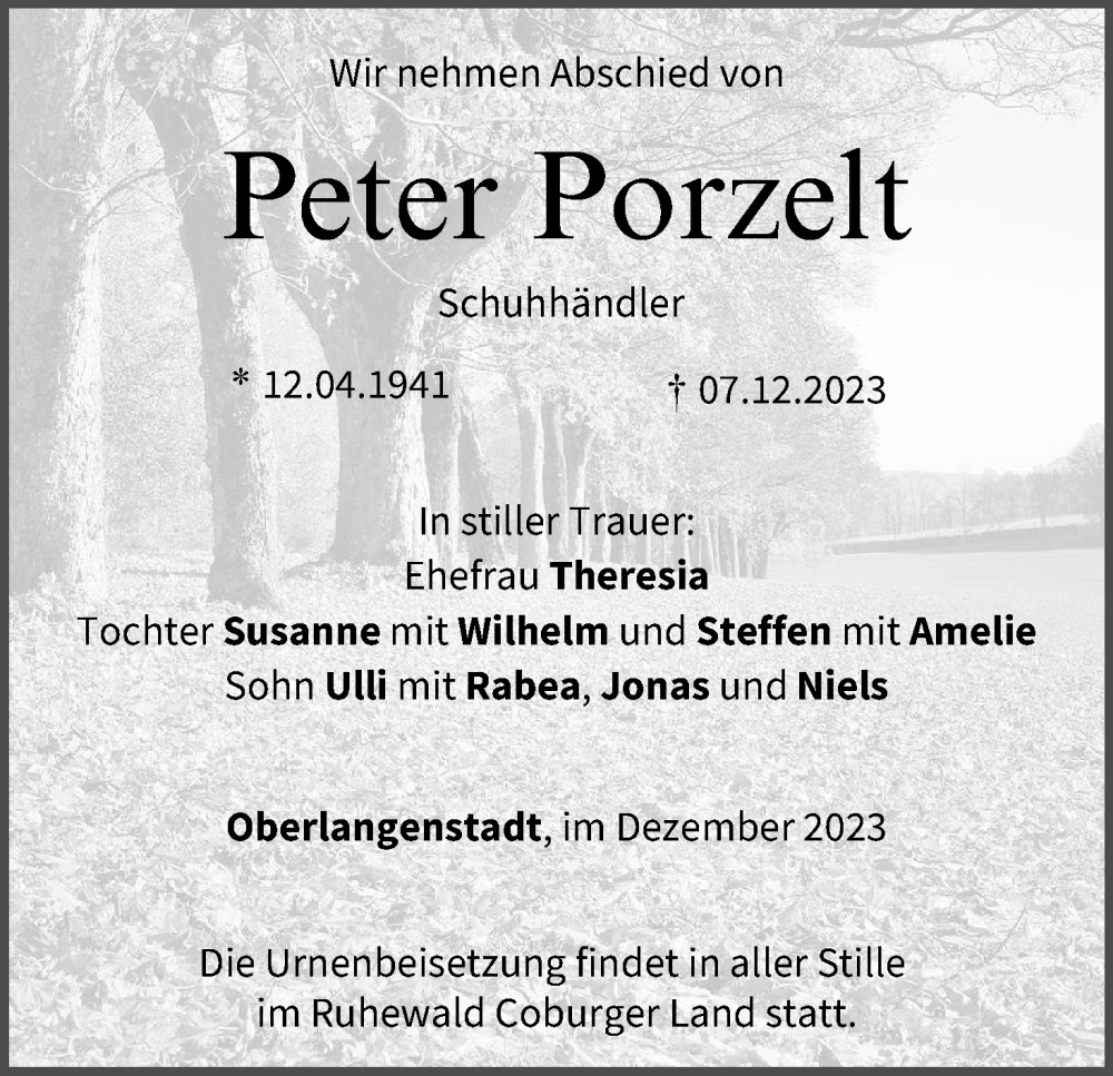  Traueranzeige für Peter Porzelt vom 16.12.2023 aus MGO