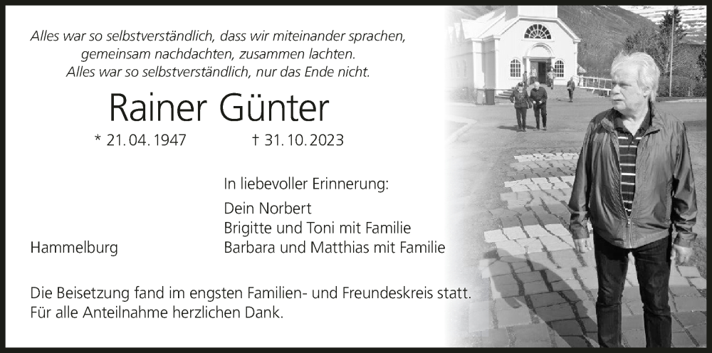  Traueranzeige für Rainer Günter vom 02.12.2023 aus MGO