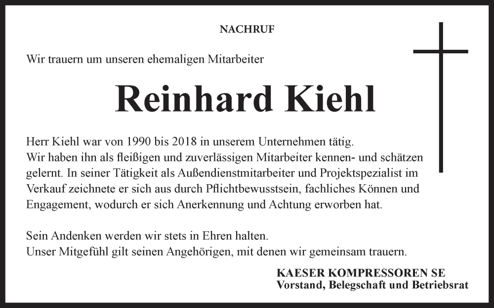  Traueranzeige für Reinhard Kiehl vom 22.12.2023 aus MGO
