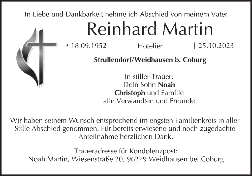  Traueranzeige für Reinhard Martin vom 02.12.2023 aus MGO