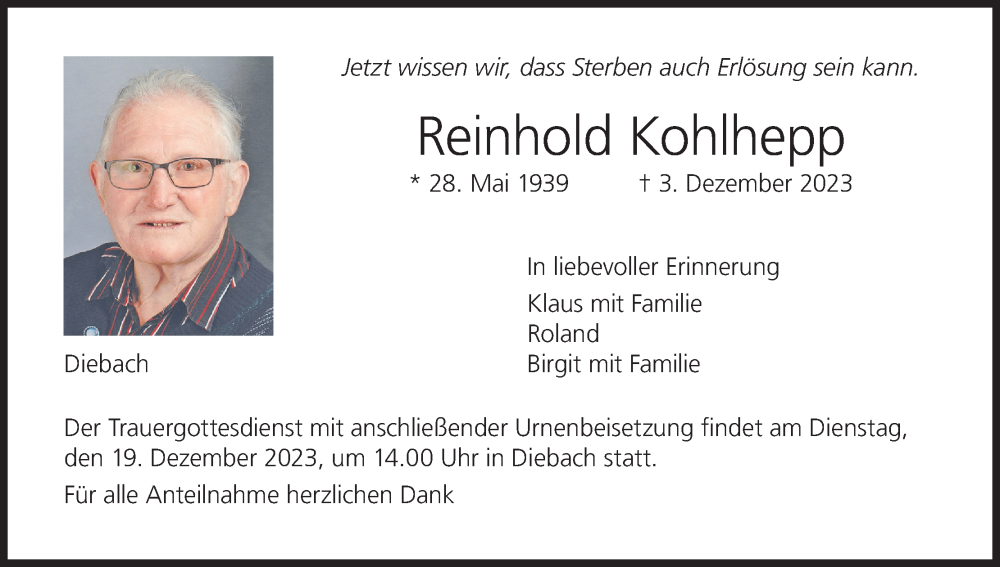  Traueranzeige für Reinhold Kohlhepp vom 13.12.2023 aus MGO
