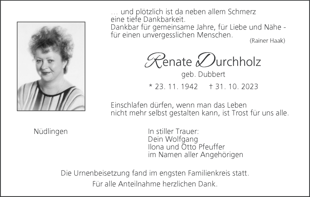  Traueranzeige für Renate Durchholz vom 02.12.2023 aus MGO