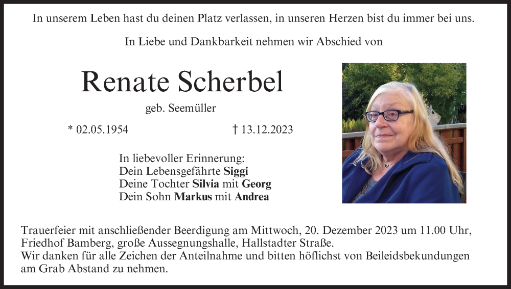 Traueranzeige für Renate Scherbel vom 16.12.2023 aus MGO