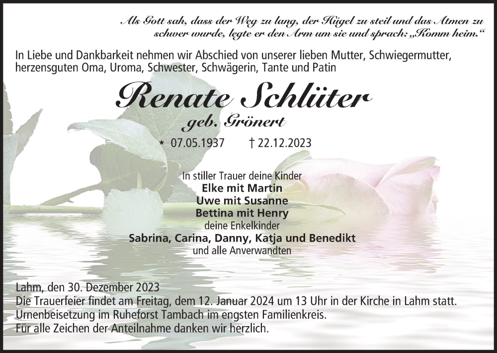  Traueranzeige für Renate Schlüter vom 30.12.2023 aus MGO