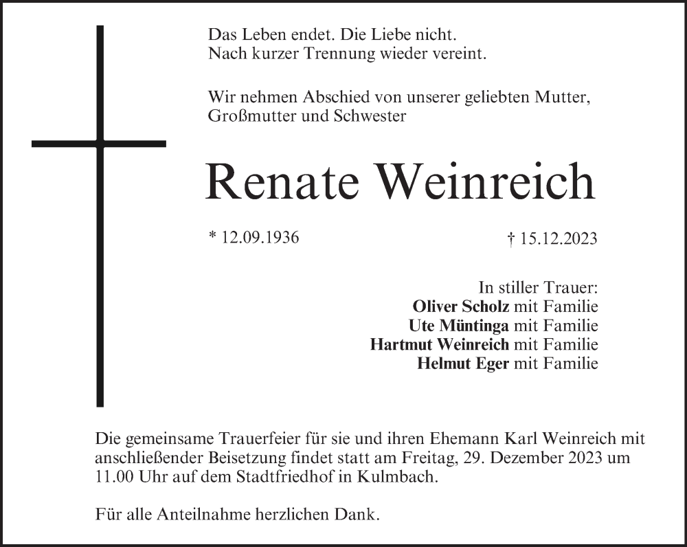  Traueranzeige für Renate Weinreich vom 23.12.2023 aus MGO