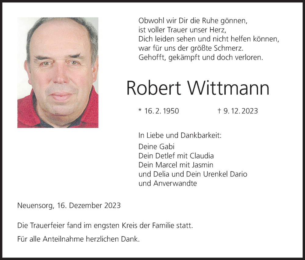  Traueranzeige für Robert Wittmann vom 16.12.2023 aus MGO
