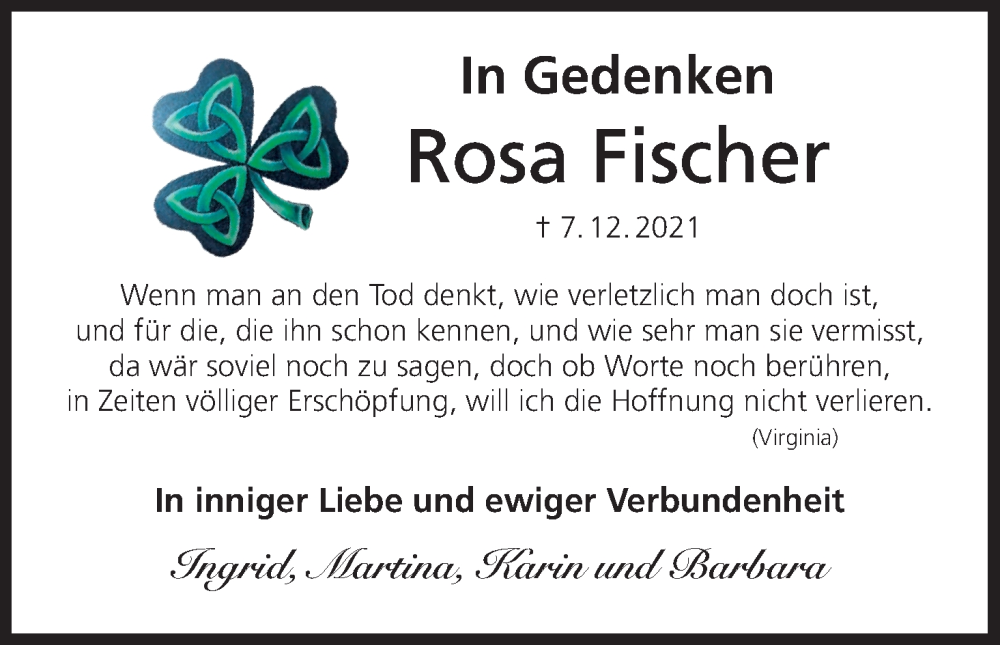  Traueranzeige für Rosa Fischer vom 07.12.2023 aus MGO