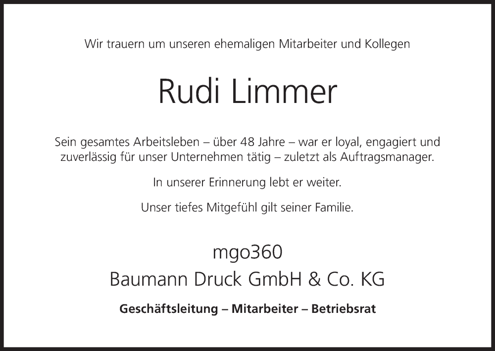  Traueranzeige für Rudi Limmer vom 14.12.2023 aus MGO