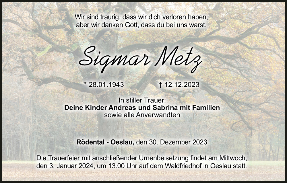  Traueranzeige für Sigmar Metz vom 30.12.2023 aus MGO