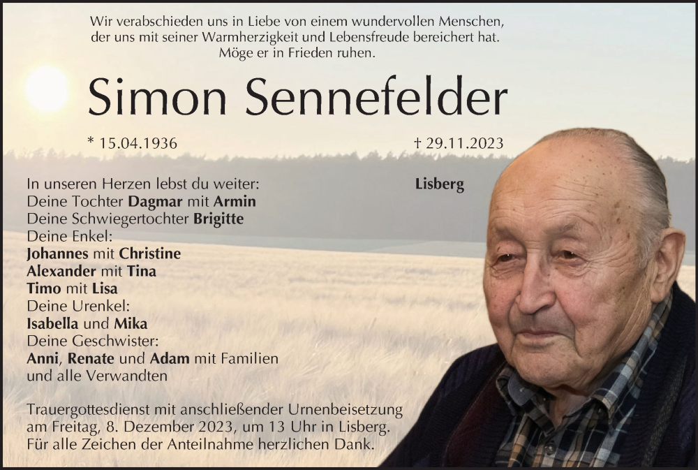  Traueranzeige für Simon Sennefelder vom 02.12.2023 aus MGO