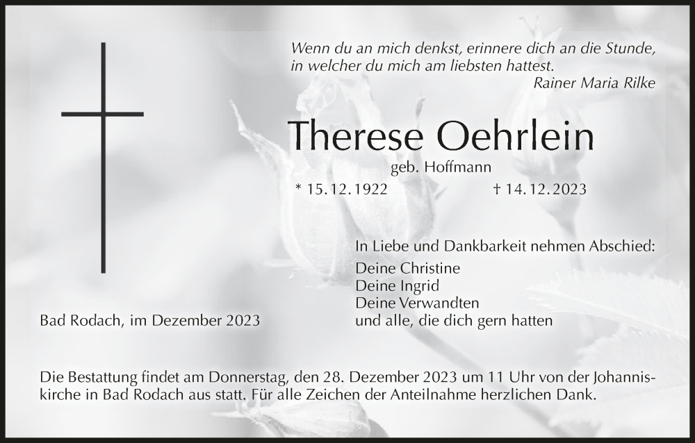  Traueranzeige für Therese Oehrlein vom 23.12.2023 aus MGO