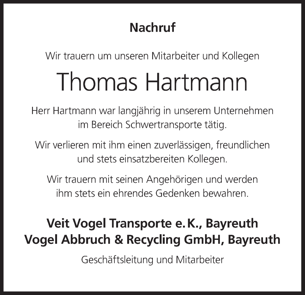  Traueranzeige für Thomas Hartmann vom 06.12.2023 aus MGO