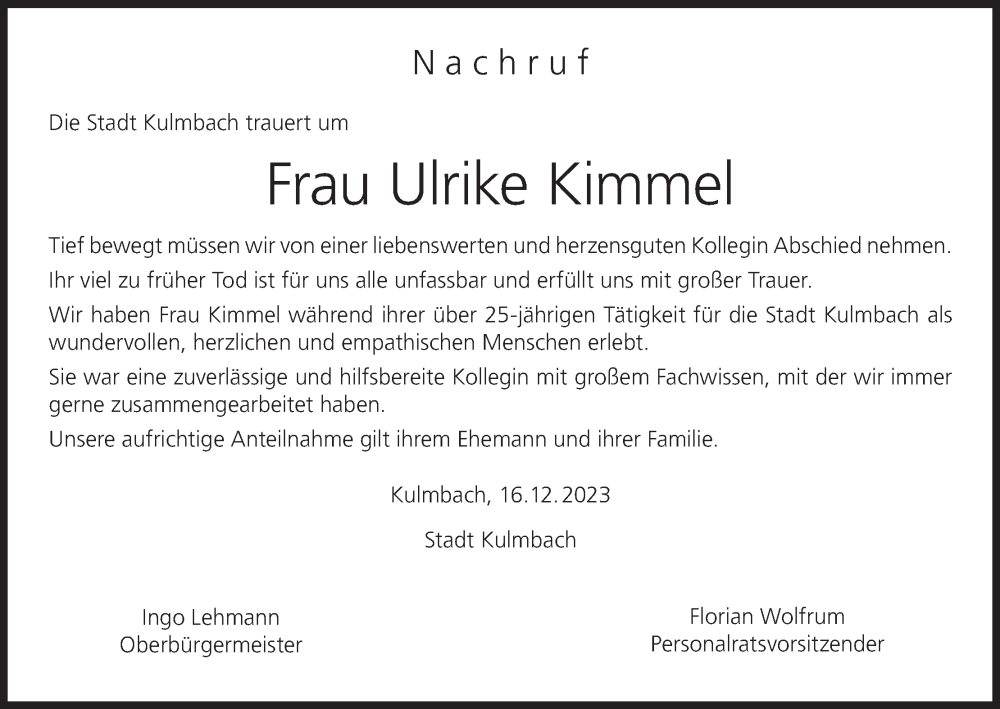  Traueranzeige für Ulrike Kimmel vom 16.12.2023 aus MGO