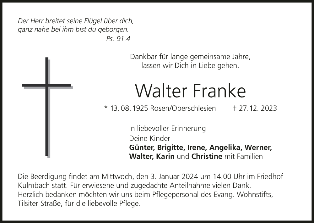  Traueranzeige für Walter Franke vom 30.12.2023 aus MGO