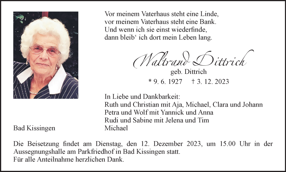  Traueranzeige für Waltraud Dittrich vom 09.12.2023 aus MGO