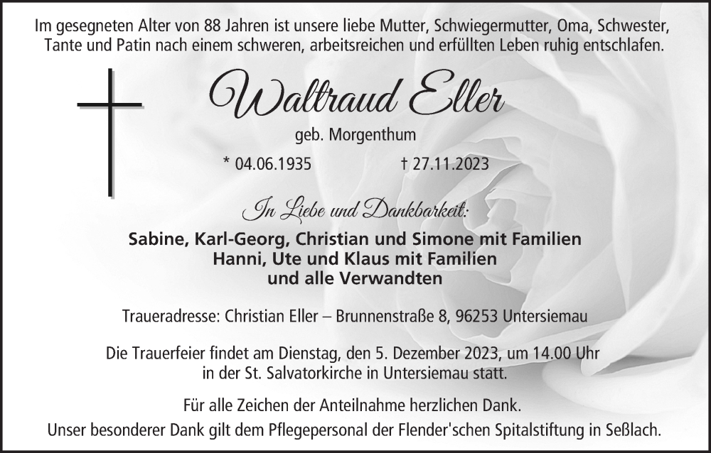  Traueranzeige für Waltraud Eller vom 02.12.2023 aus MGO