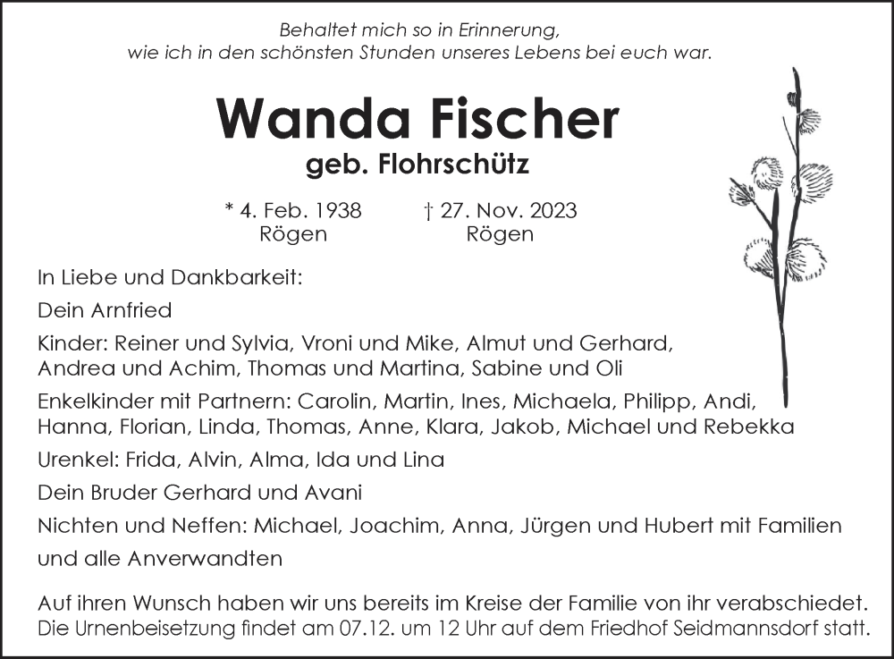  Traueranzeige für Wanda Fischer vom 02.12.2023 aus MGO
