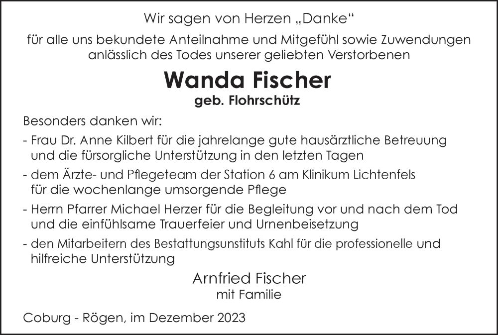  Traueranzeige für Wanda Fischer vom 16.12.2023 aus MGO