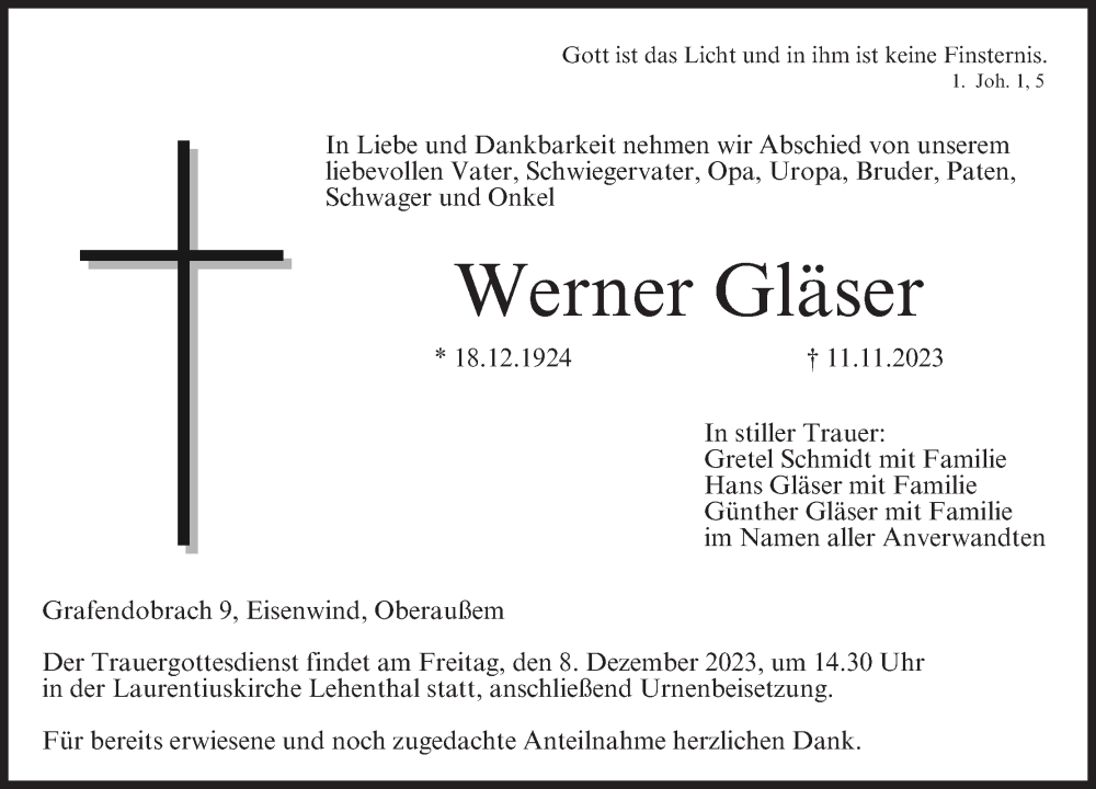  Traueranzeige für Werner Gläser vom 05.12.2023 aus MGO