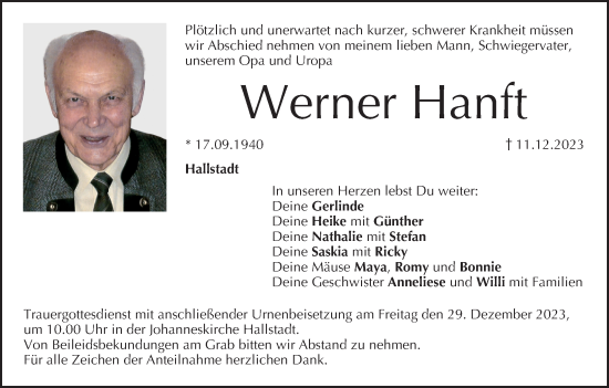 Anzeige von Werner Hanft von MGO