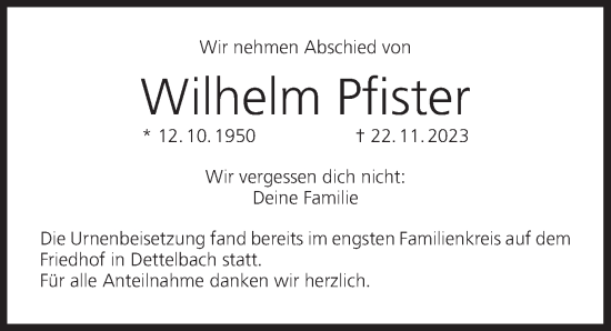 Anzeige von Wilhelm Pfister von MGO