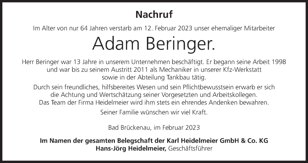 Traueranzeige für Adam Beringer vom 18.02.2023 aus MGO