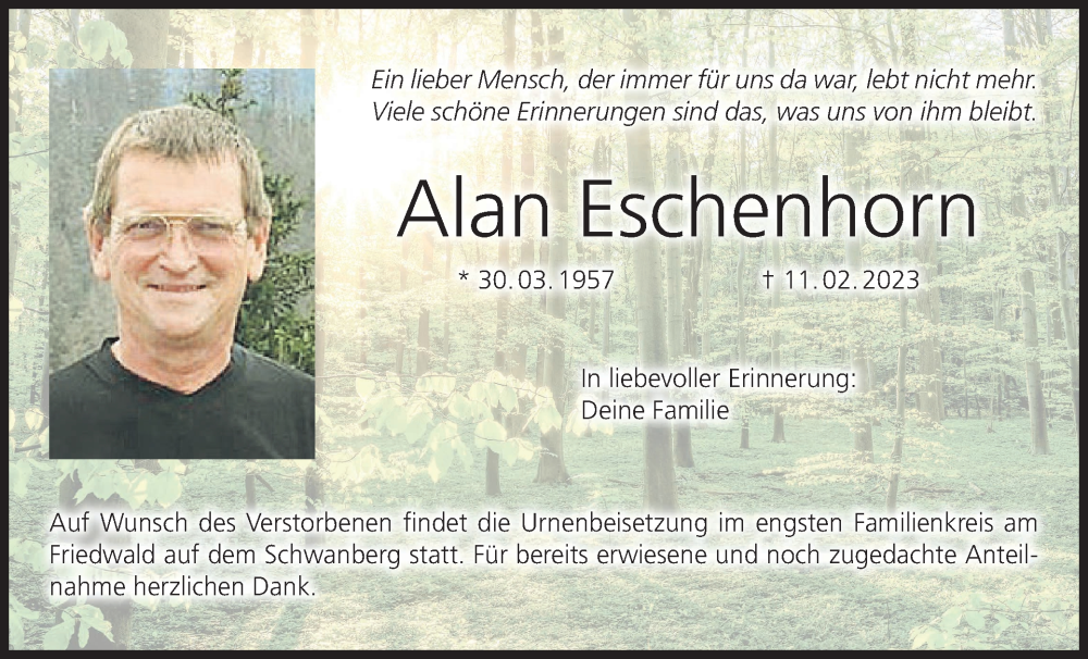  Traueranzeige für Alan Eschenhorn vom 17.02.2023 aus MGO