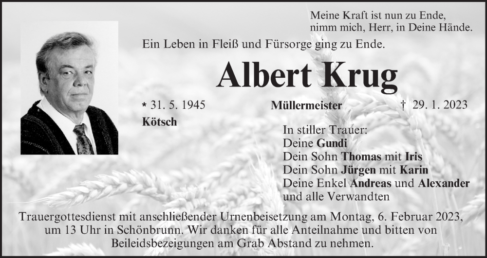  Traueranzeige für Albert Krug vom 03.02.2023 aus MGO