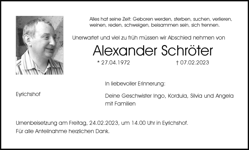  Traueranzeige für Alexander Schröter vom 21.02.2023 aus MGO