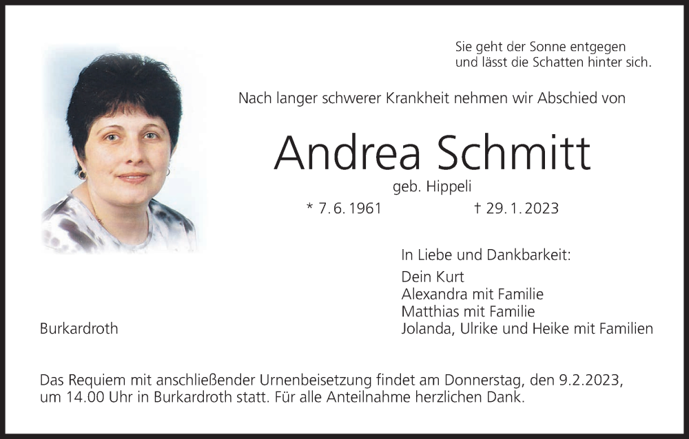  Traueranzeige für Andrea Schmitt vom 04.02.2023 aus MGO
