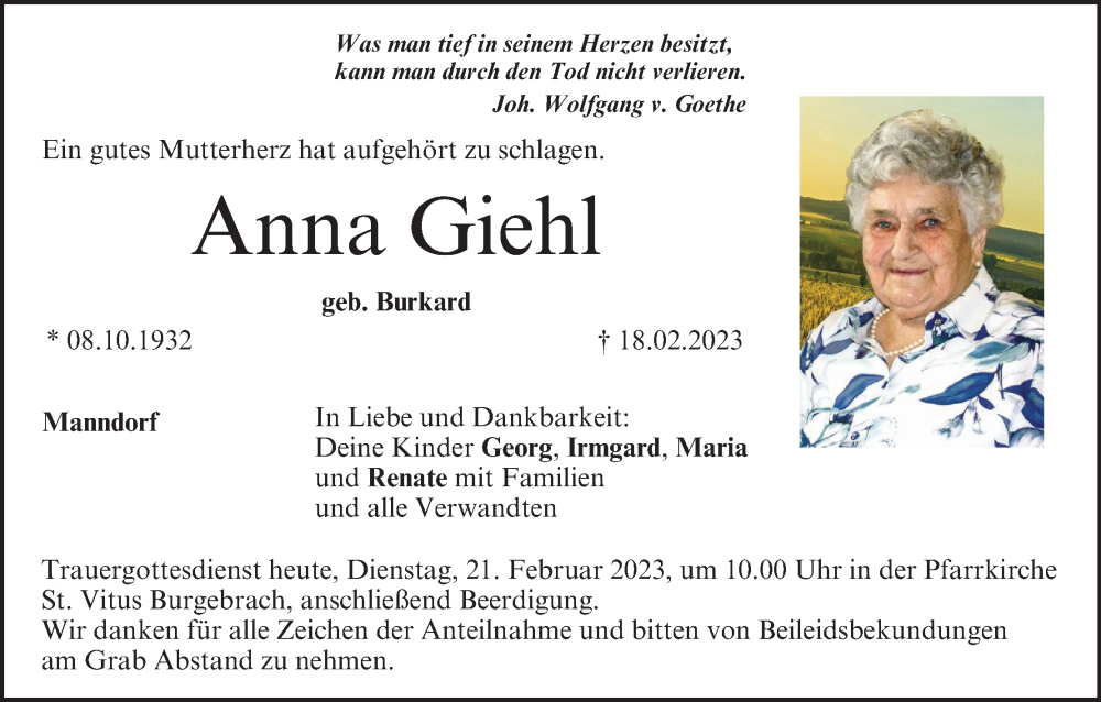  Traueranzeige für Anna Giehl vom 21.02.2023 aus MGO