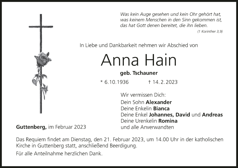  Traueranzeige für Anna Hain vom 18.02.2023 aus MGO