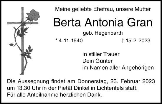 Anzeige von Berta Antonia Gran von MGO