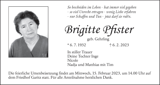 Anzeige von Brigitte Pfister von MGO
