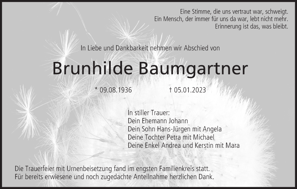  Traueranzeige für Brunhilde Baumgartner vom 11.02.2023 aus MGO