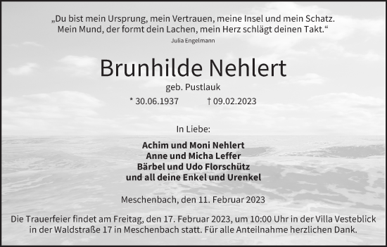 Anzeige von Brunhilde Nehlert von MGO