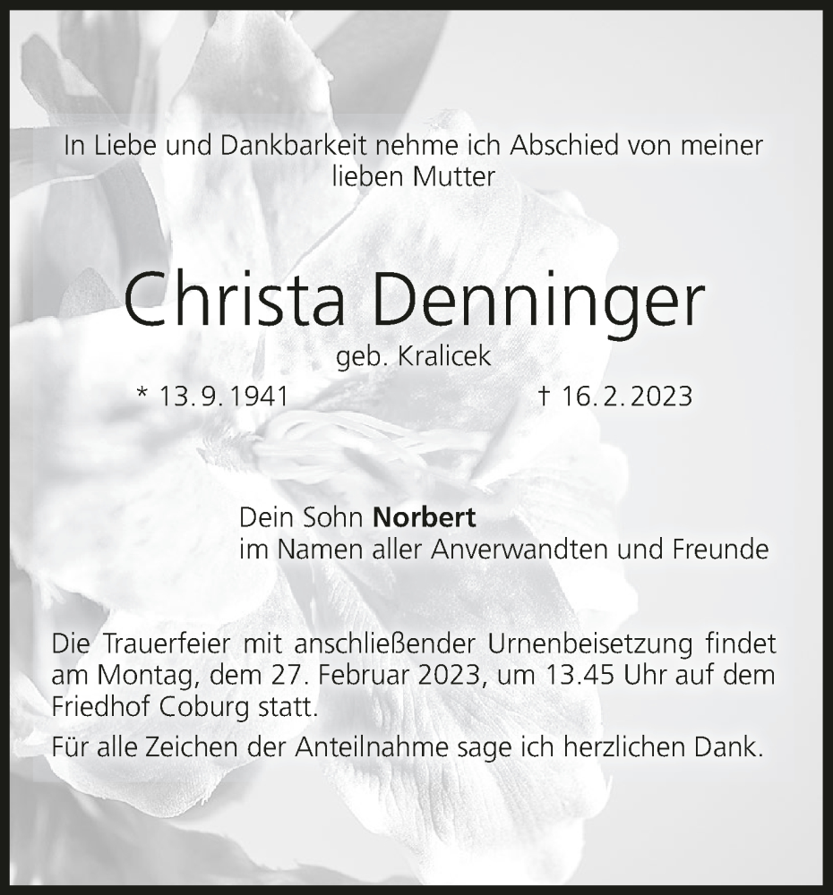  Traueranzeige für Christa Denninger vom 25.02.2023 aus MGO