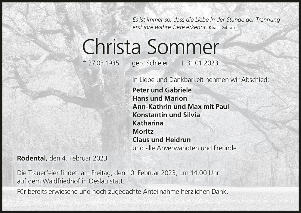  Traueranzeige für Christa Sommer vom 04.02.2023 aus MGO