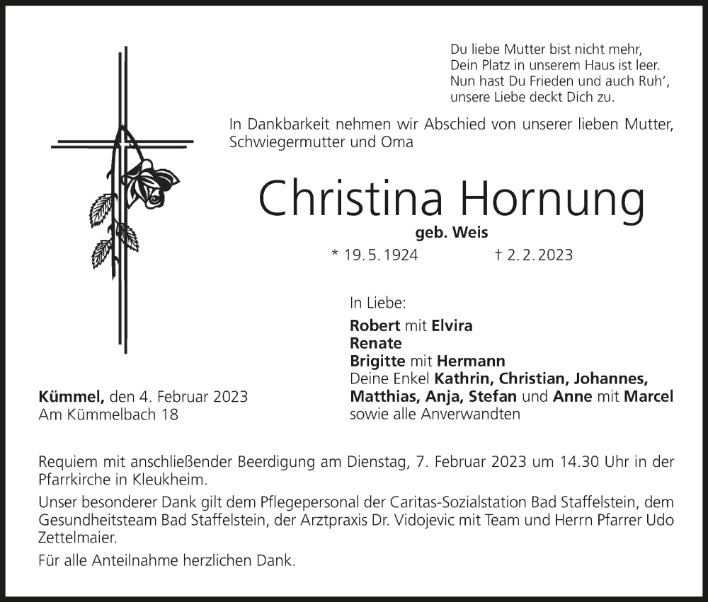  Traueranzeige für Christina Hornung vom 04.02.2023 aus MGO
