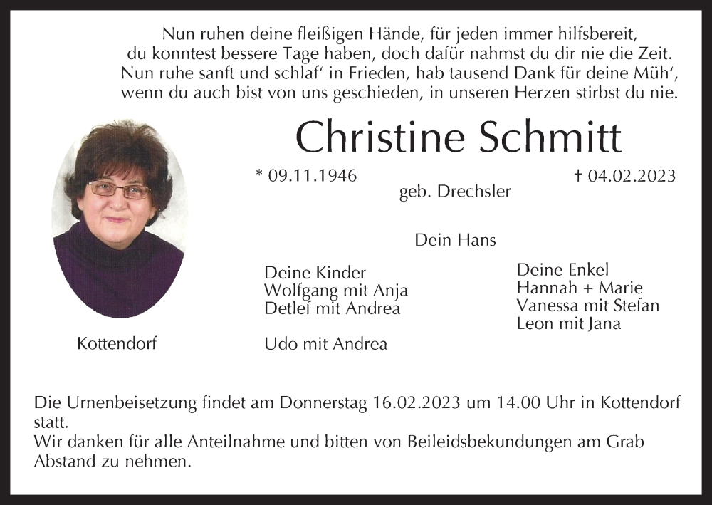  Traueranzeige für Christine Schmitt vom 11.02.2023 aus MGO