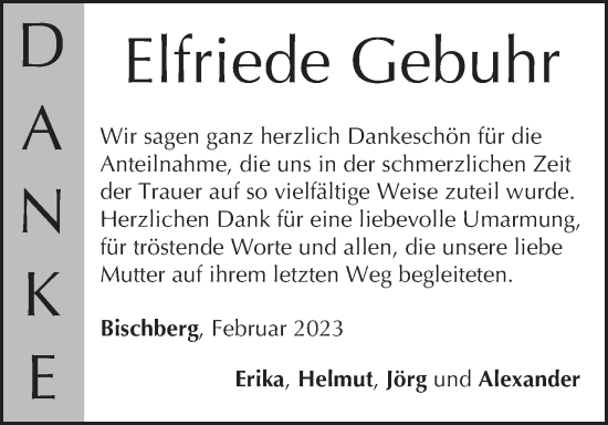 Anzeige von Elfriede Gebuhr von MGO