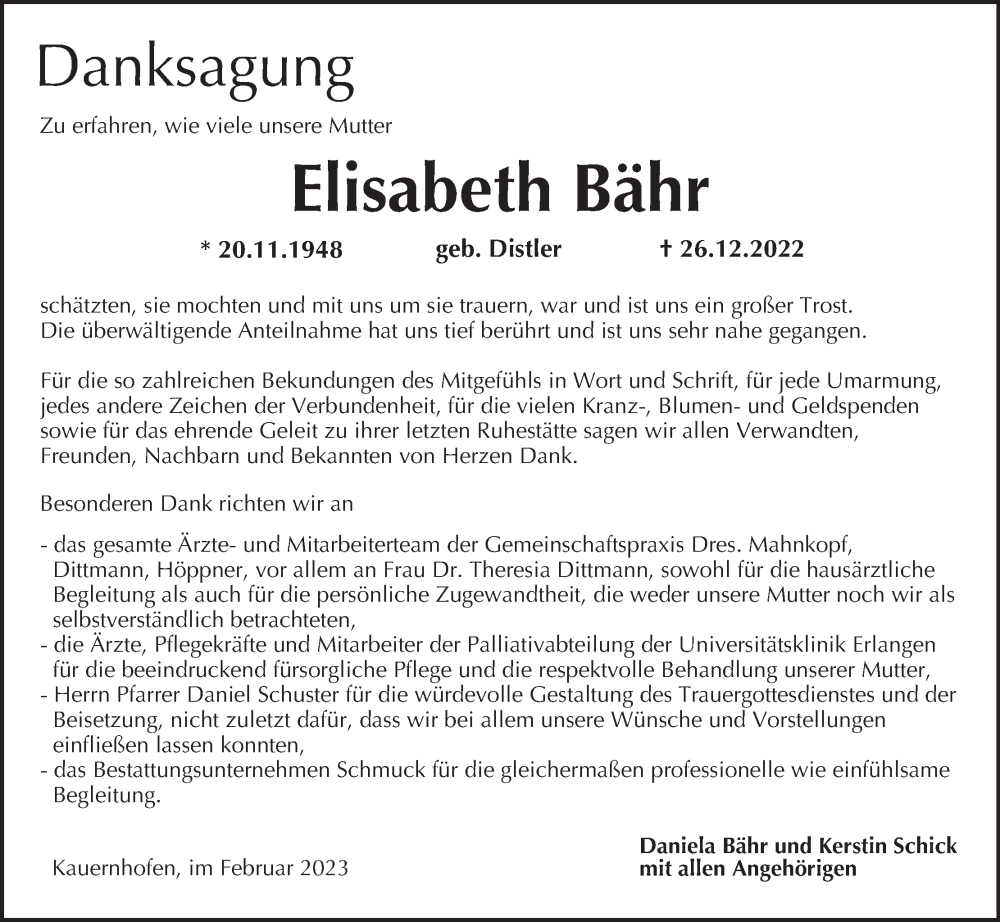  Traueranzeige für Elisabeth Bähr vom 04.02.2023 aus MGO