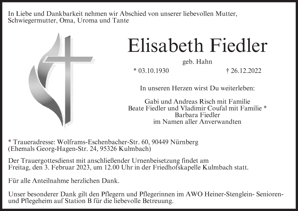  Traueranzeige für Elisabeth Fiedler vom 31.01.2023 aus MGO