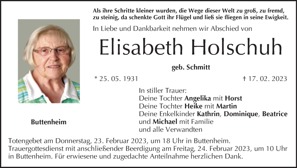  Traueranzeige für Elisabeth Holschuh vom 21.02.2023 aus MGO