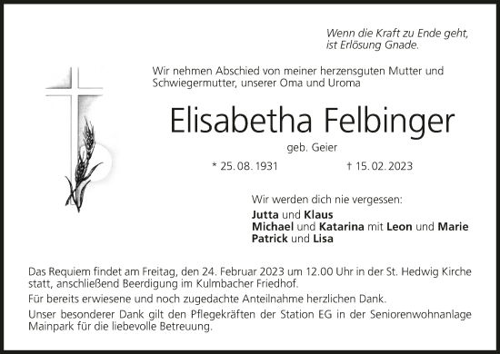 Anzeige von Elisabetha Felbinger von MGO