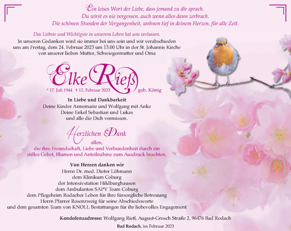  Traueranzeige für Elke Rieß vom 18.02.2023 aus MGO